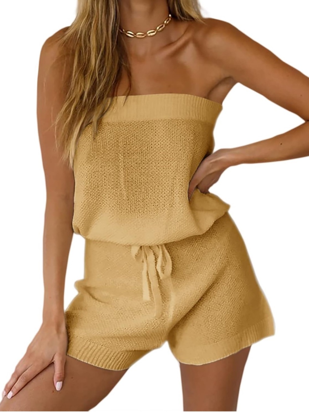 Mustard Knit Tube Top and Drawstring Shorts Set